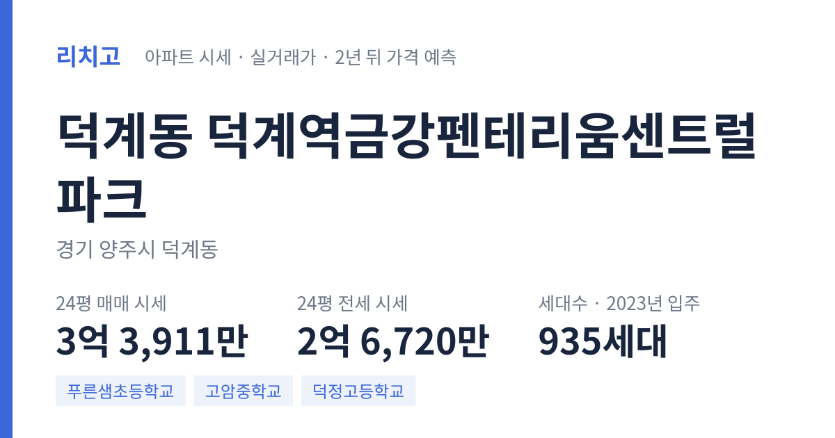 덕계역금강펜테리움센트럴파크 아파트 요약 카드 — 대표 평형 매매·전세 시세, 세대수, 입주 연도