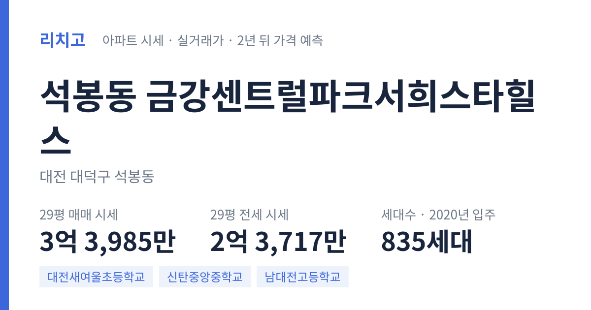 금강센트럴파크서희스타힐스 아파트 요약 카드 — 대표 평형 매매·전세 시세, 세대수, 입주 연도