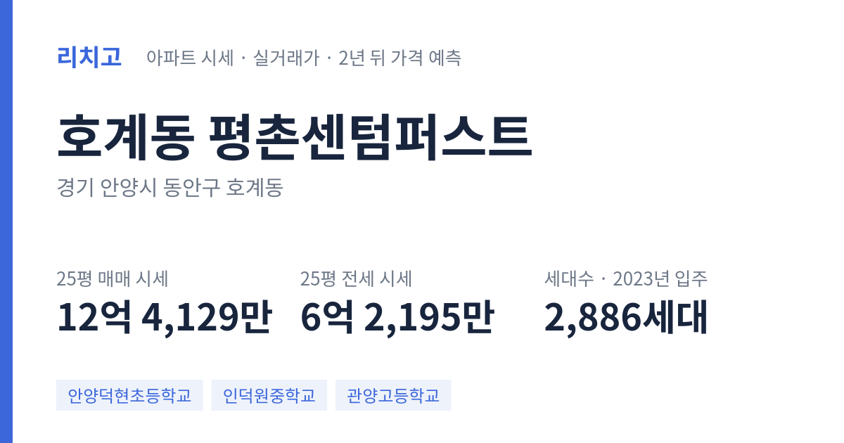 평촌센텀퍼스트 아파트 요약 카드 — 대표 평형 매매·전세 시세, 세대수, 입주 연도