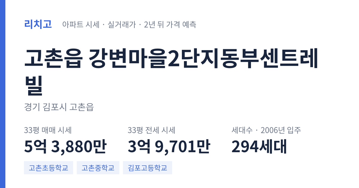 강변마을2단지동부센트레빌 아파트 요약 카드 — 대표 평형 매매·전세 시세, 세대수, 입주 연도