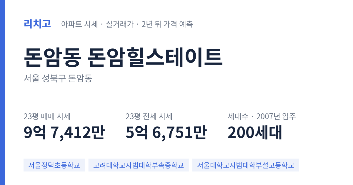 돈암힐스테이트 아파트 요약 카드 — 대표 평형 매매·전세 시세, 세대수, 입주 연도