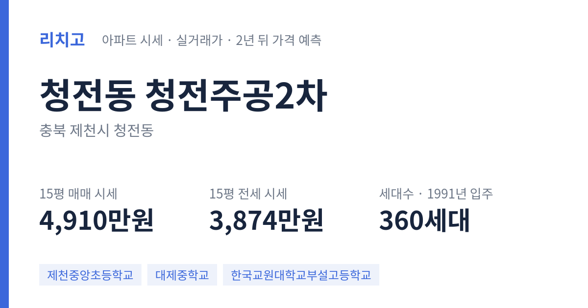 청전주공2차 아파트 요약 카드 — 대표 평형 매매·전세 시세, 세대수, 입주 연도