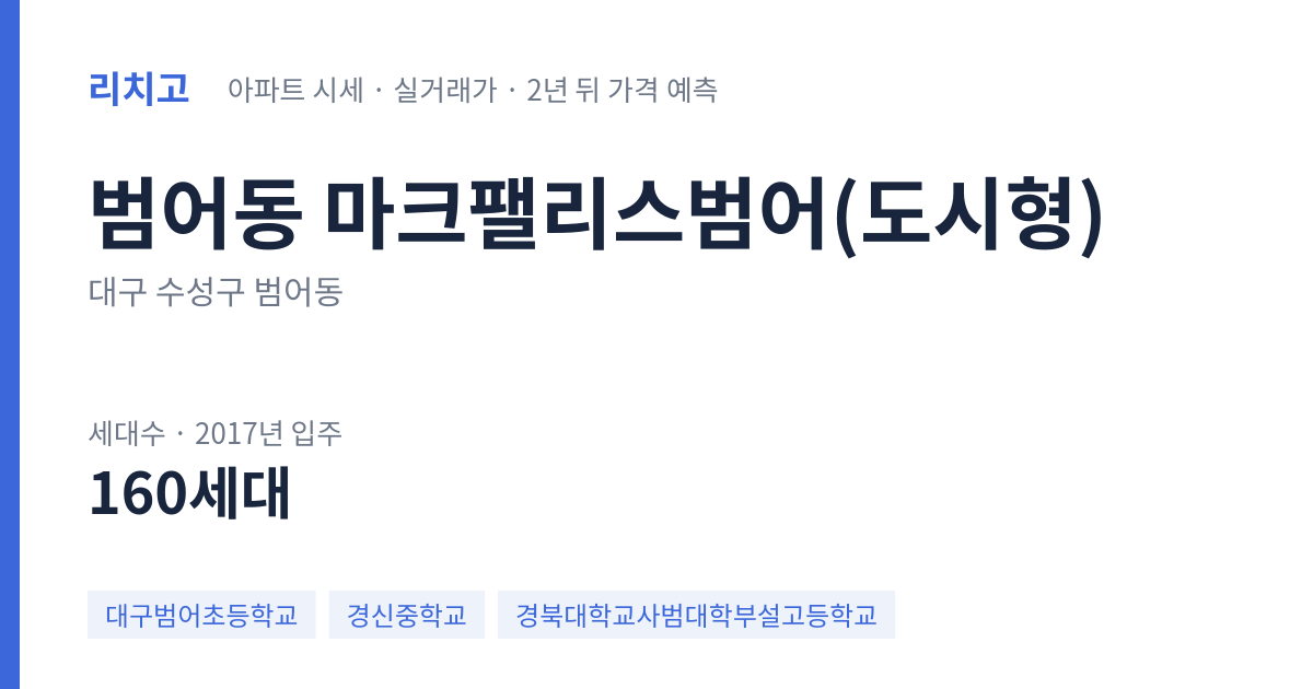 마크팰리스범어(도시형) 아파트 요약 카드 — 대표 평형 매매·전세 시세, 세대수, 입주 연도