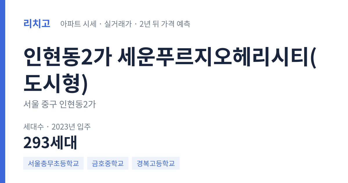 세운푸르지오헤리시티(도시형) 아파트 요약 카드 — 대표 평형 매매·전세 시세, 세대수, 입주 연도
