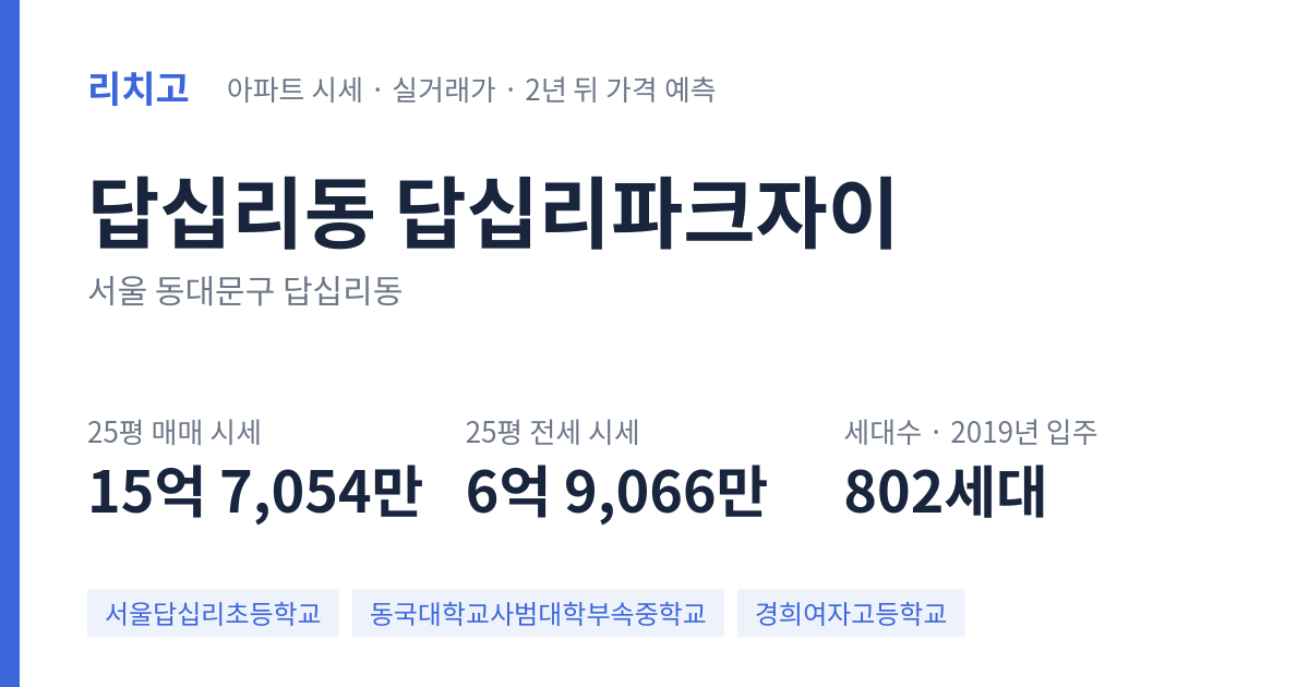 답십리파크자이 아파트 요약 카드 — 대표 평형 매매·전세 시세, 세대수, 입주 연도