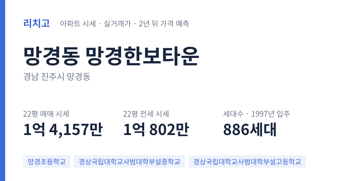 망경한보타운 아파트 요약 카드 — 대표 평형 매매·전세 시세, 세대수, 입주 연도
