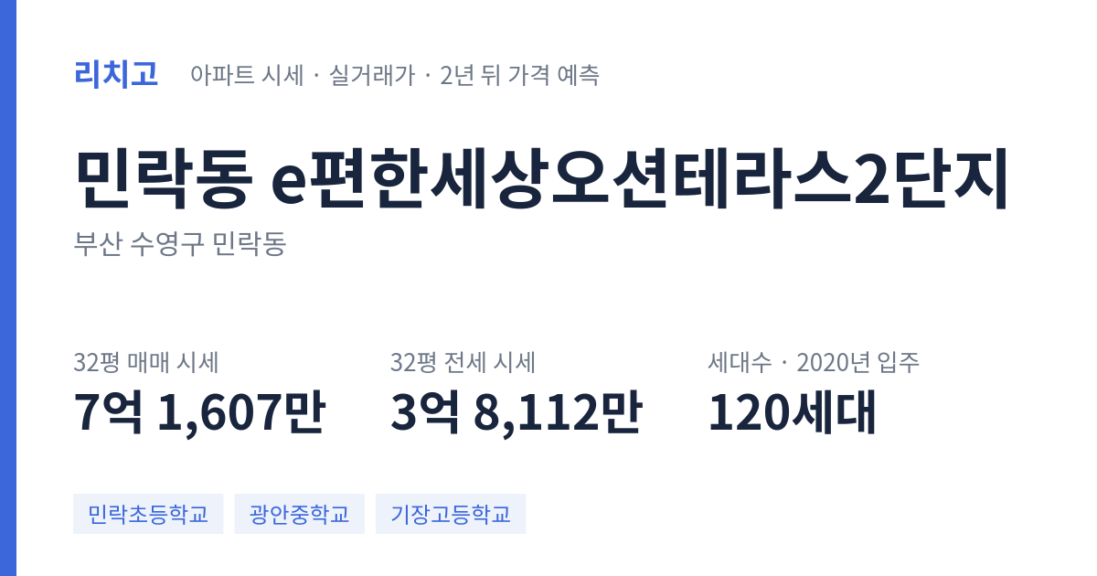 e편한세상오션테라스2단지 아파트 요약 카드 — 대표 평형 매매·전세 시세, 세대수, 입주 연도