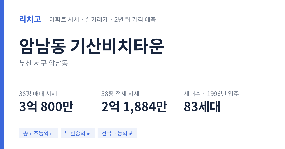 기산비치타운 아파트 요약 카드 — 대표 평형 매매·전세 시세, 세대수, 입주 연도