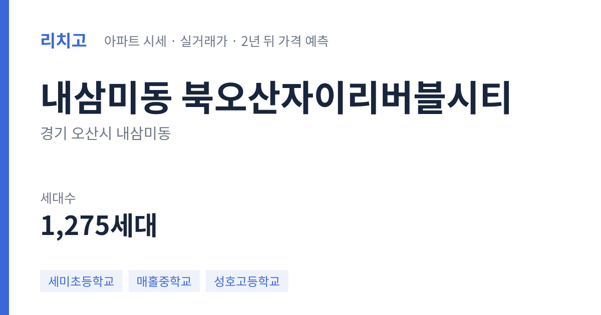 북오산자이리버블시티 아파트 요약 카드 — 대표 평형 매매·전세 시세, 세대수, 입주 연도