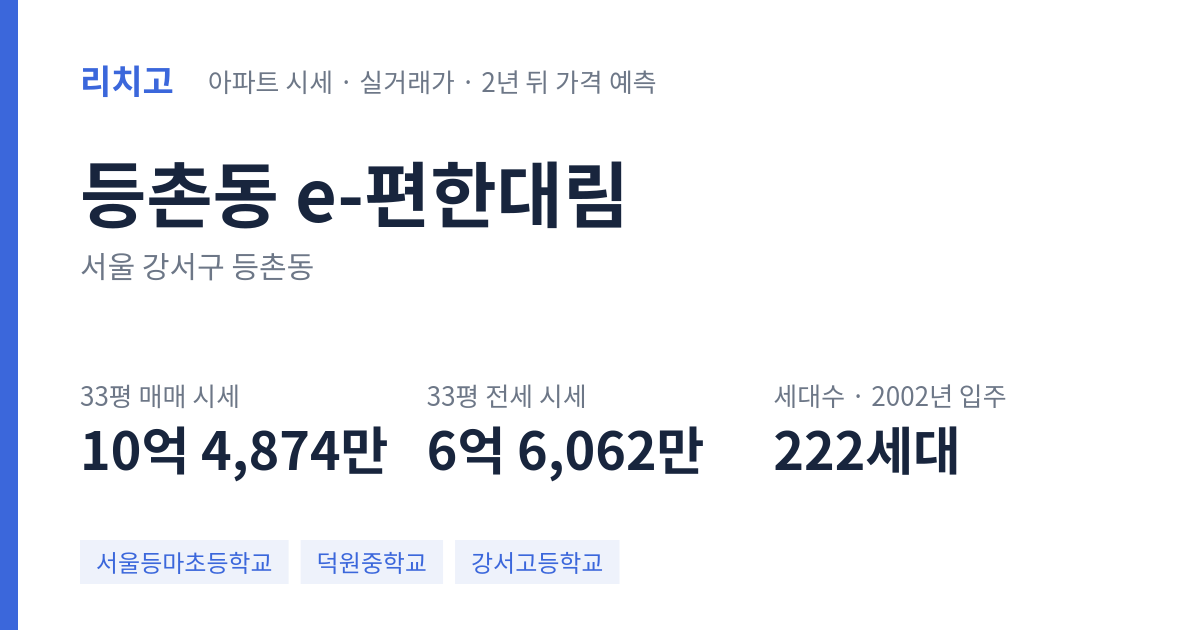 e-편한대림 아파트 요약 카드 — 대표 평형 매매·전세 시세, 세대수, 입주 연도