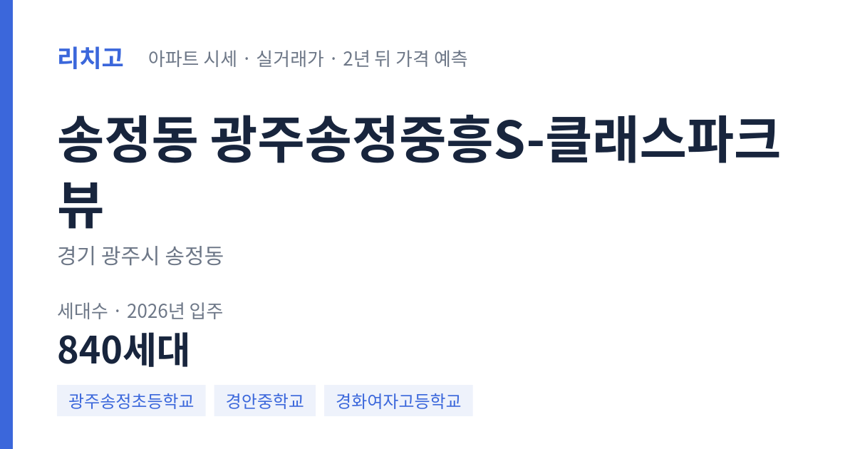 광주송정중흥S-클래스파크뷰 아파트 요약 카드 — 대표 평형 매매·전세 시세, 세대수, 입주 연도