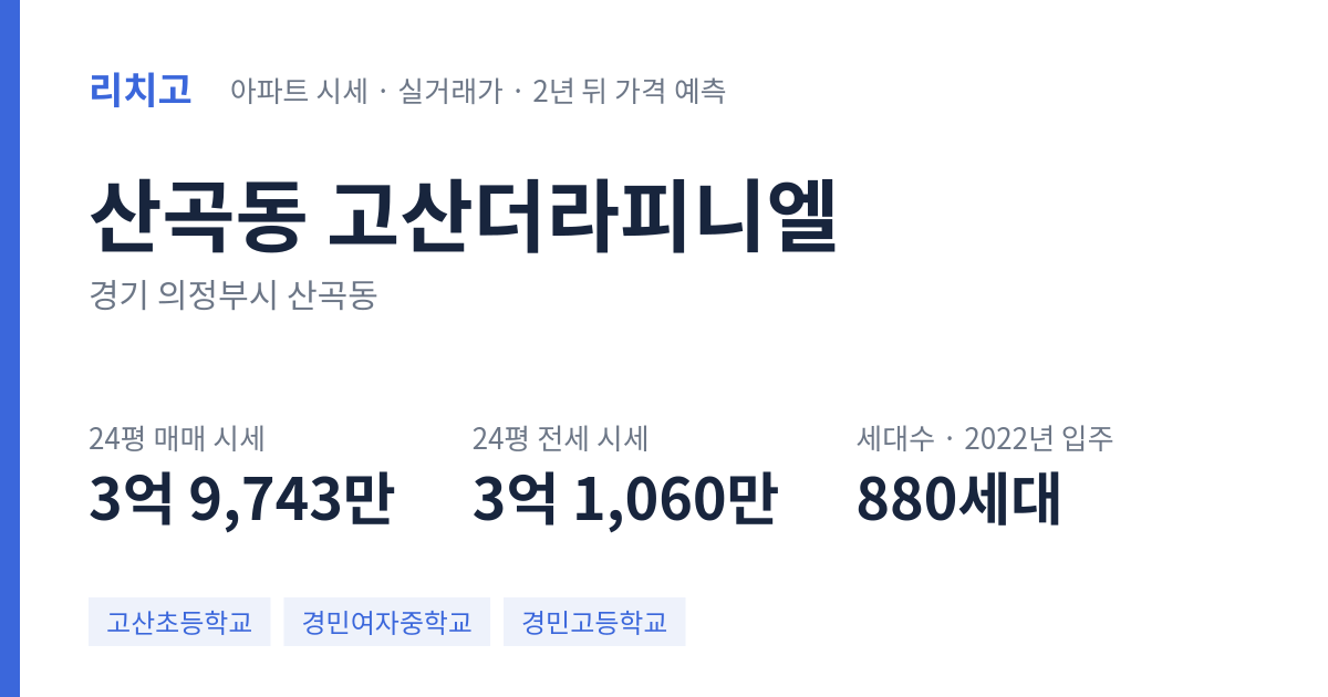 고산더라피니엘 아파트 요약 카드 — 대표 평형 매매·전세 시세, 세대수, 입주 연도
