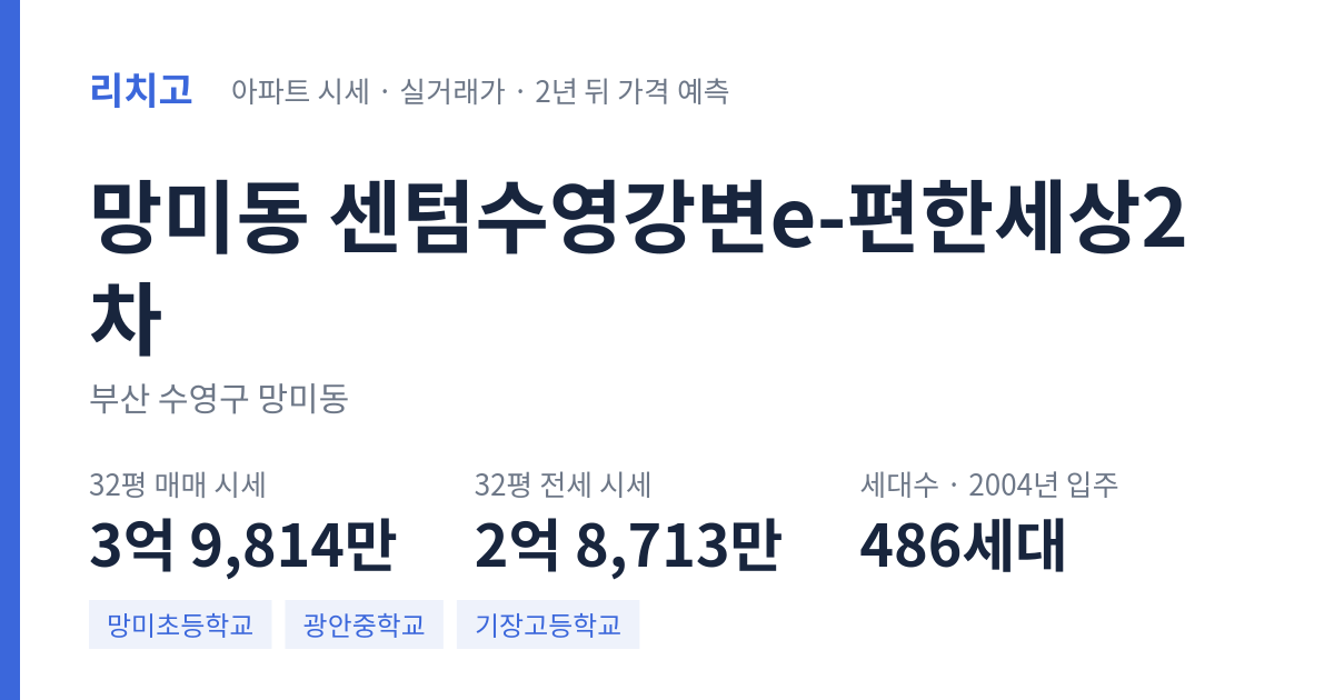 센텀수영강변e-편한세상2차 아파트 요약 카드 — 대표 평형 매매·전세 시세, 세대수, 입주 연도