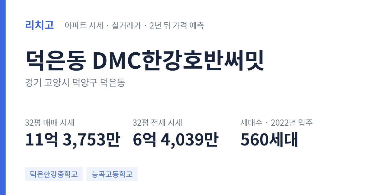 DMC한강호반써밋 아파트 요약 카드 — 대표 평형 매매·전세 시세, 세대수, 입주 연도