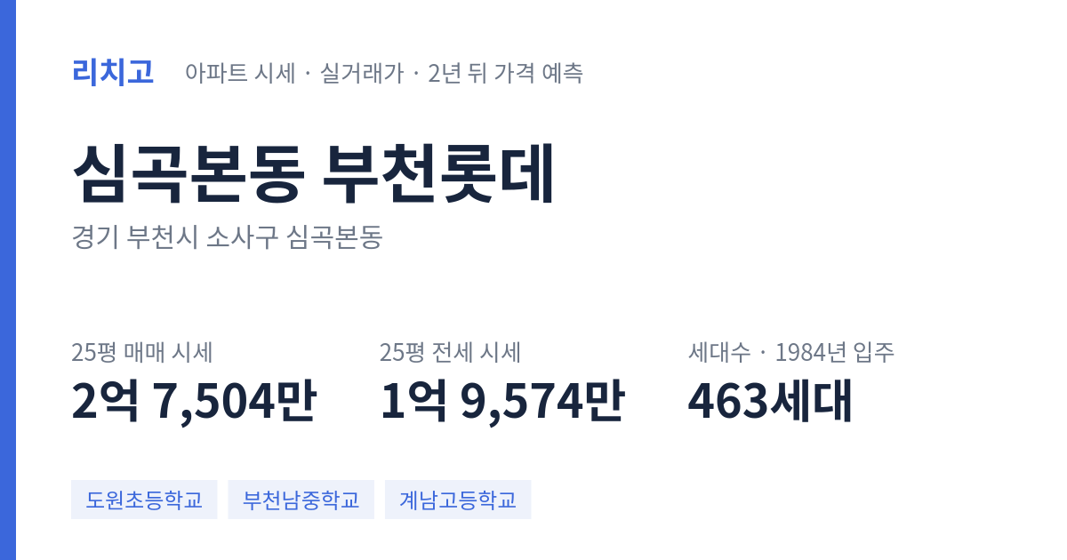 부천롯데 아파트 요약 카드 — 대표 평형 매매·전세 시세, 세대수, 입주 연도