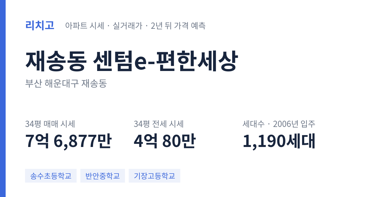 센텀e-편한세상 아파트 요약 카드 — 대표 평형 매매·전세 시세, 세대수, 입주 연도