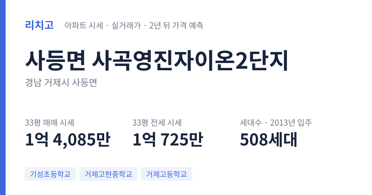 사곡영진자이온2단지 아파트 요약 카드 — 대표 평형 매매·전세 시세, 세대수, 입주 연도
