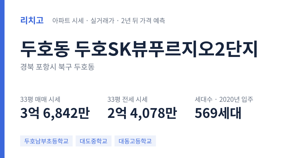 두호SK뷰푸르지오2단지 아파트 요약 카드 — 대표 평형 매매·전세 시세, 세대수, 입주 연도