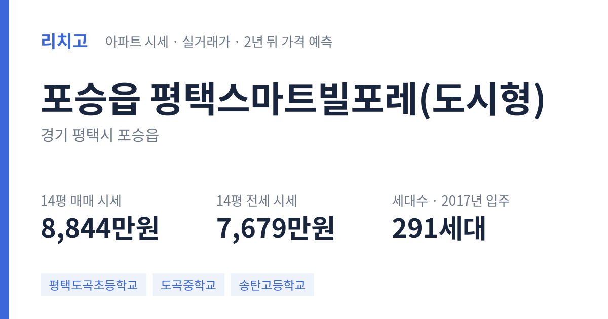 평택스마트빌포레(도시형) 아파트 요약 카드 — 대표 평형 매매·전세 시세, 세대수, 입주 연도