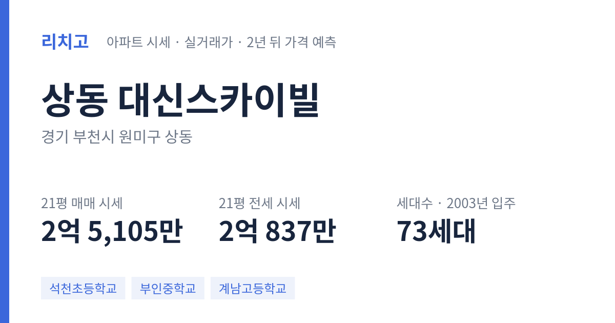 대신스카이빌 아파트 요약 카드 — 대표 평형 매매·전세 시세, 세대수, 입주 연도