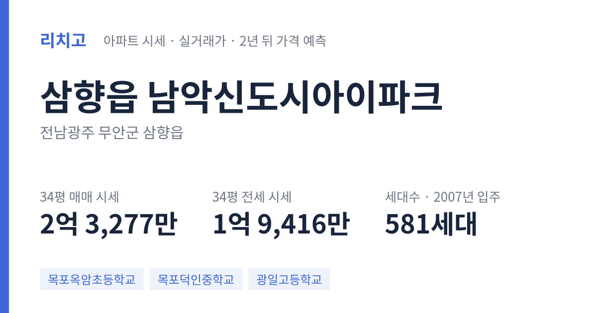 남악신도시아이파크 아파트 요약 카드 — 대표 평형 매매·전세 시세, 세대수, 입주 연도