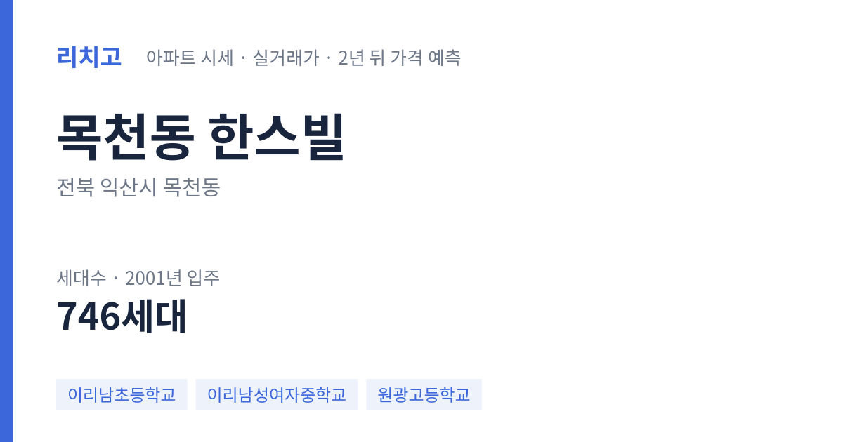 한스빌 아파트 요약 카드 — 대표 평형 매매·전세 시세, 세대수, 입주 연도