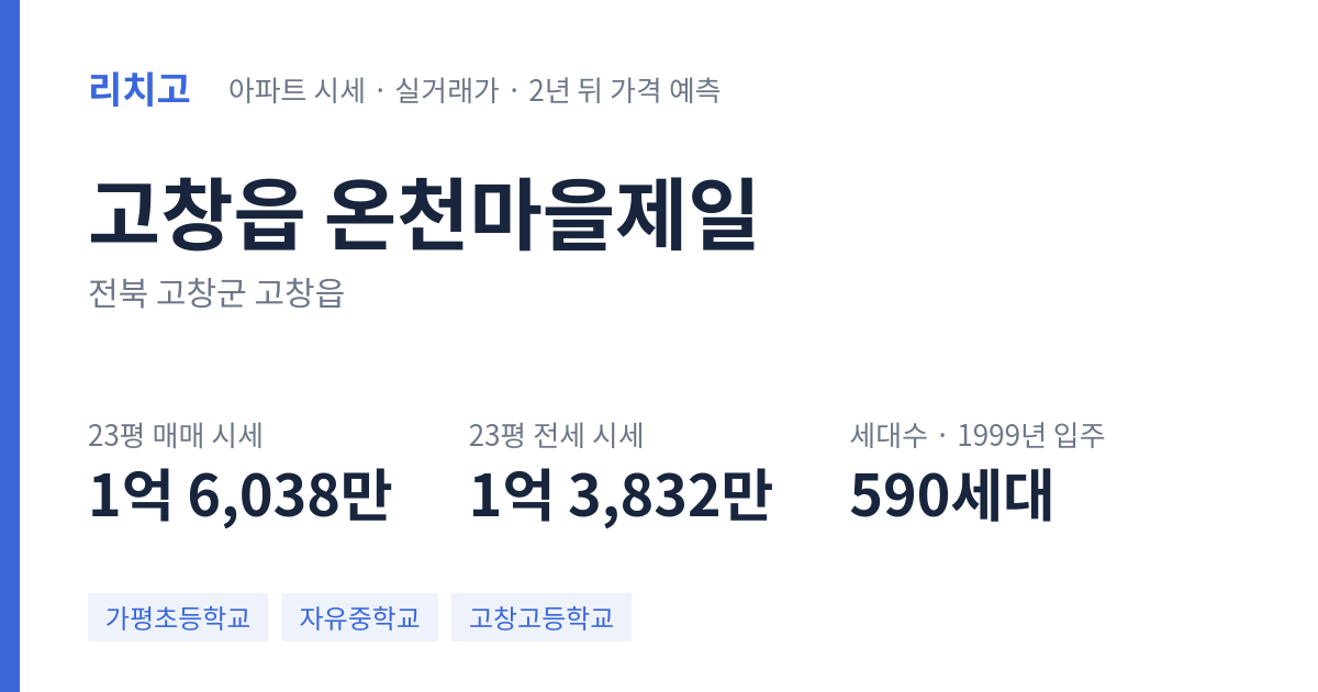 온천마을제일 아파트 요약 카드 — 대표 평형 매매·전세 시세, 세대수, 입주 연도