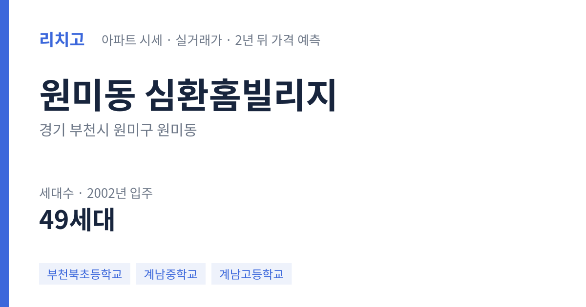 심환홈빌리지 아파트 요약 카드 — 대표 평형 매매·전세 시세, 세대수, 입주 연도