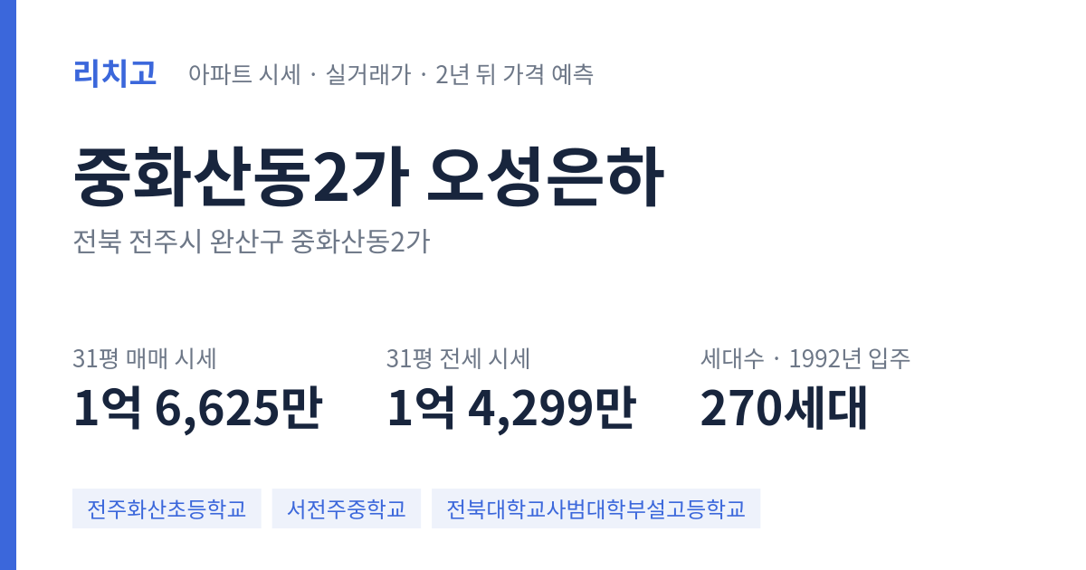 오성은하 아파트 요약 카드 — 대표 평형 매매·전세 시세, 세대수, 입주 연도