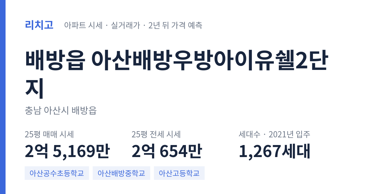 아산배방우방아이유쉘2단지 아파트 요약 카드 — 대표 평형 매매·전세 시세, 세대수, 입주 연도