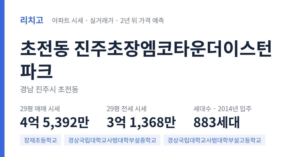 진주초장엠코타운더이스턴파크 아파트 요약 카드 — 대표 평형 매매·전세 시세, 세대수, 입주 연도