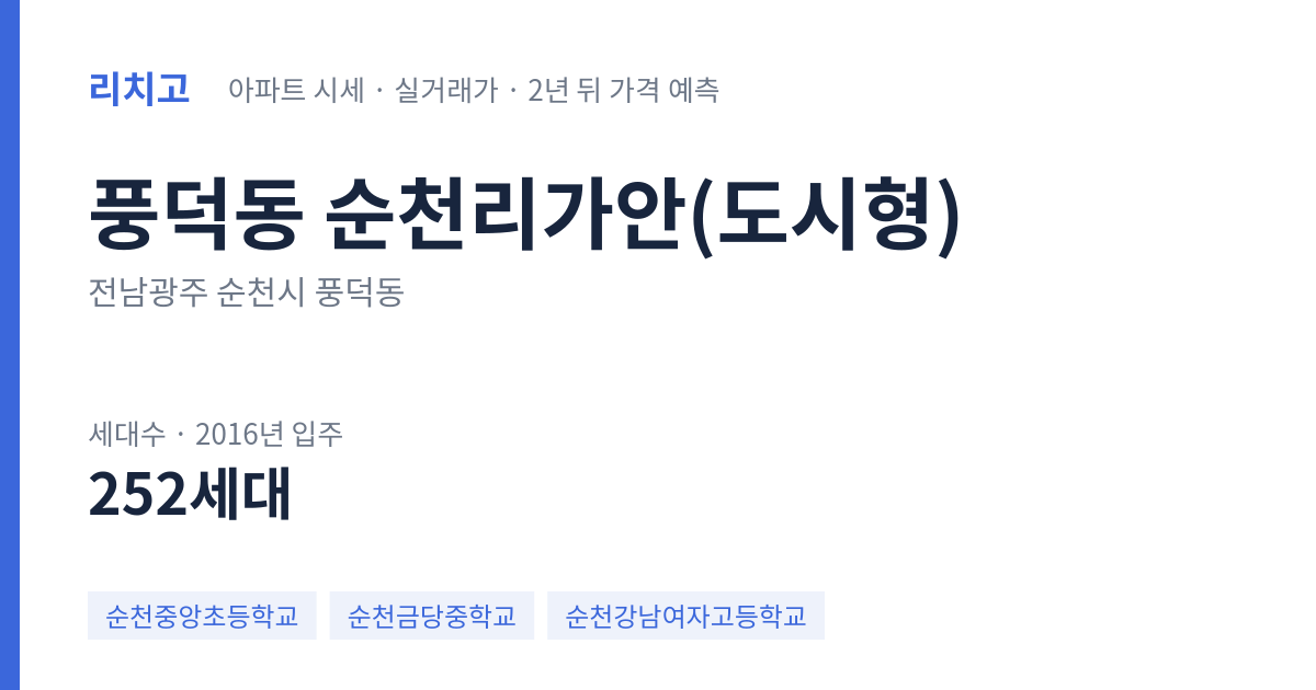 순천리가안(도시형) 아파트 요약 카드 — 대표 평형 매매·전세 시세, 세대수, 입주 연도