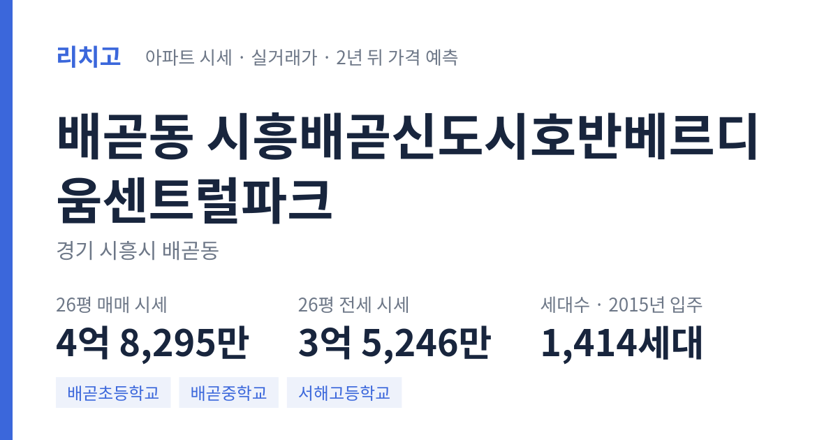 시흥배곧신도시호반베르디움센트럴파크 아파트 요약 카드 — 대표 평형 매매·전세 시세, 세대수, 입주 연도