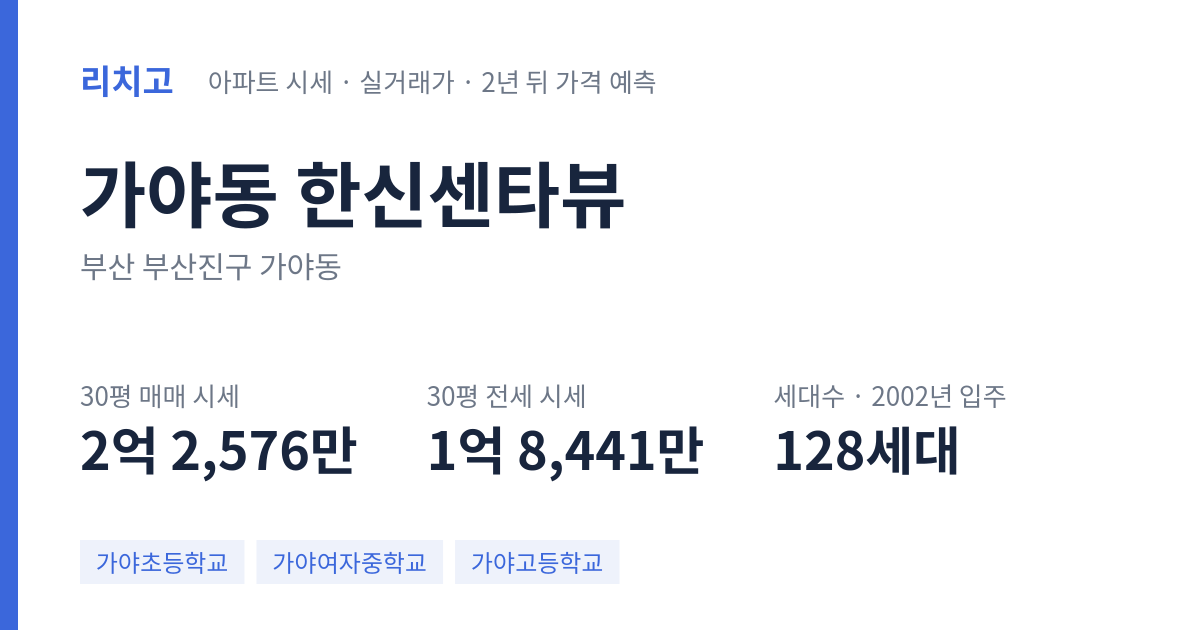 한신센타뷰 아파트 요약 카드 — 대표 평형 매매·전세 시세, 세대수, 입주 연도