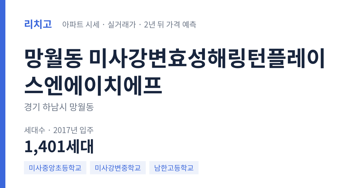 미사강변효성해링턴플레이스엔에이치에프 아파트 요약 카드 — 대표 평형 매매·전세 시세, 세대수, 입주 연도