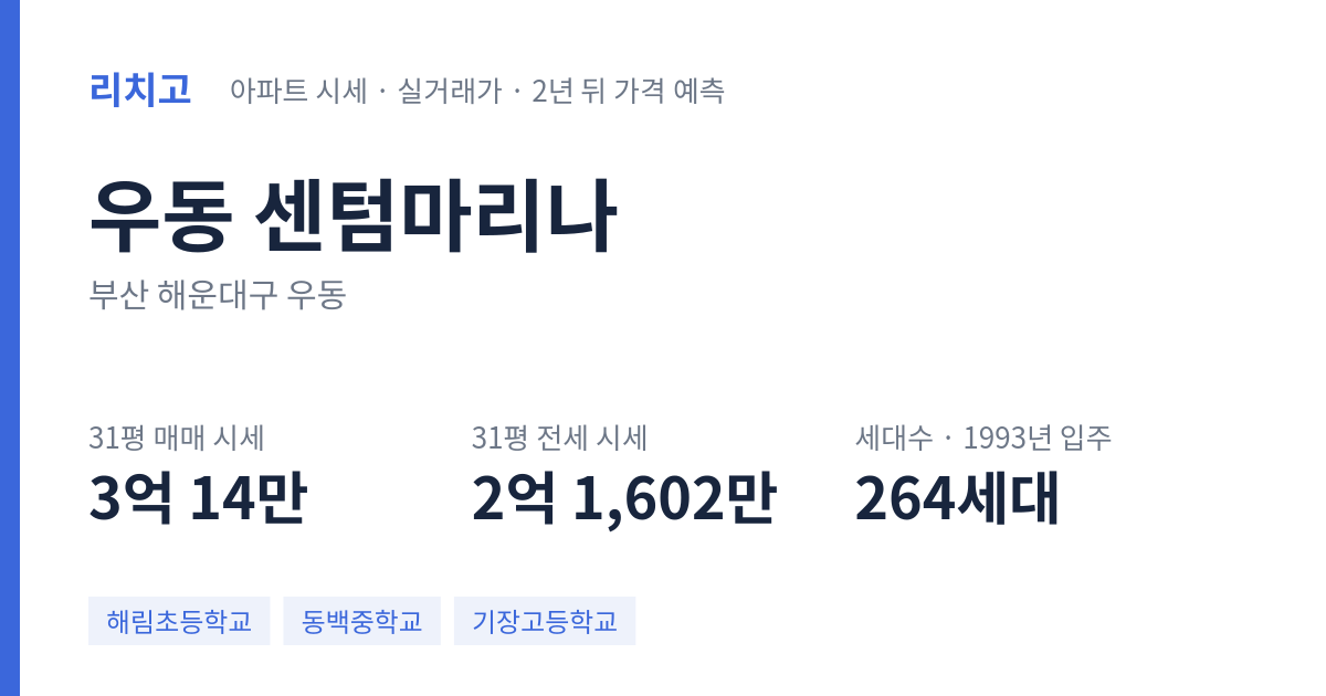 센텀마리나 아파트 요약 카드 — 대표 평형 매매·전세 시세, 세대수, 입주 연도