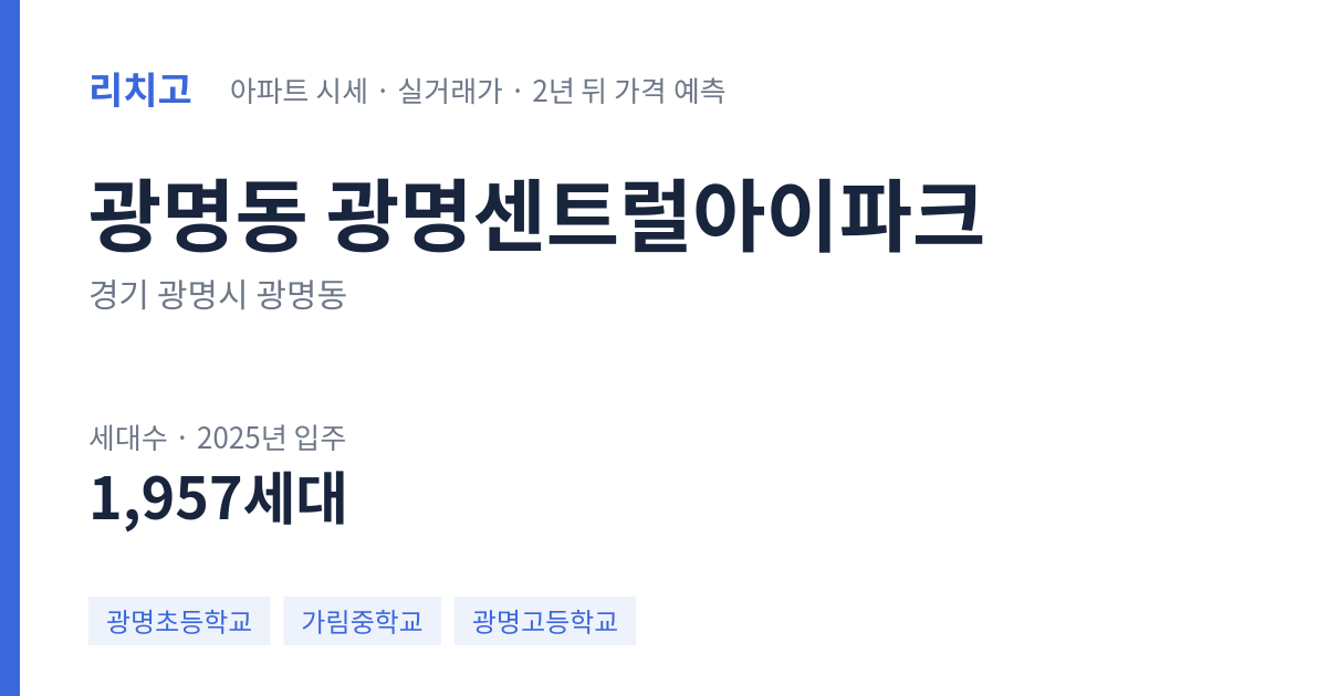 광명센트럴아이파크 아파트 요약 카드 — 대표 평형 매매·전세 시세, 세대수, 입주 연도