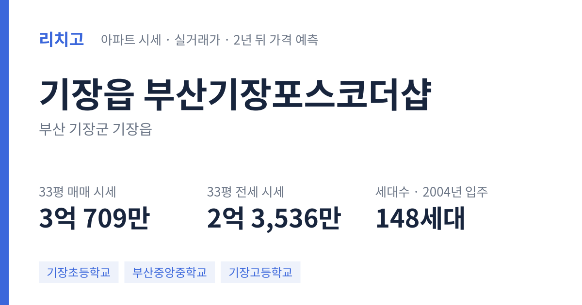 부산기장포스코더샵 아파트 요약 카드 — 대표 평형 매매·전세 시세, 세대수, 입주 연도