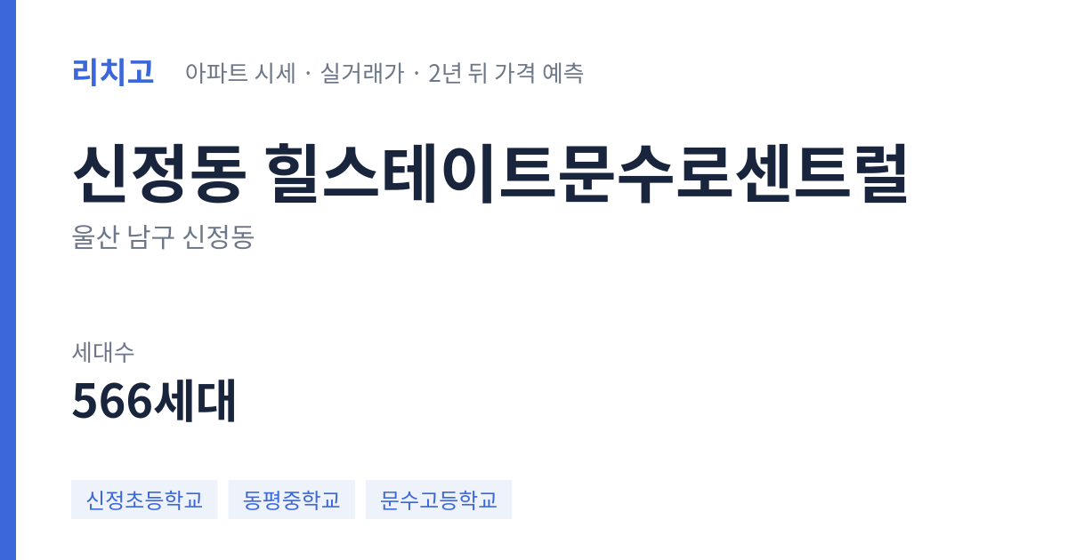 힐스테이트문수로센트럴 아파트 요약 카드 — 대표 평형 매매·전세 시세, 세대수, 입주 연도