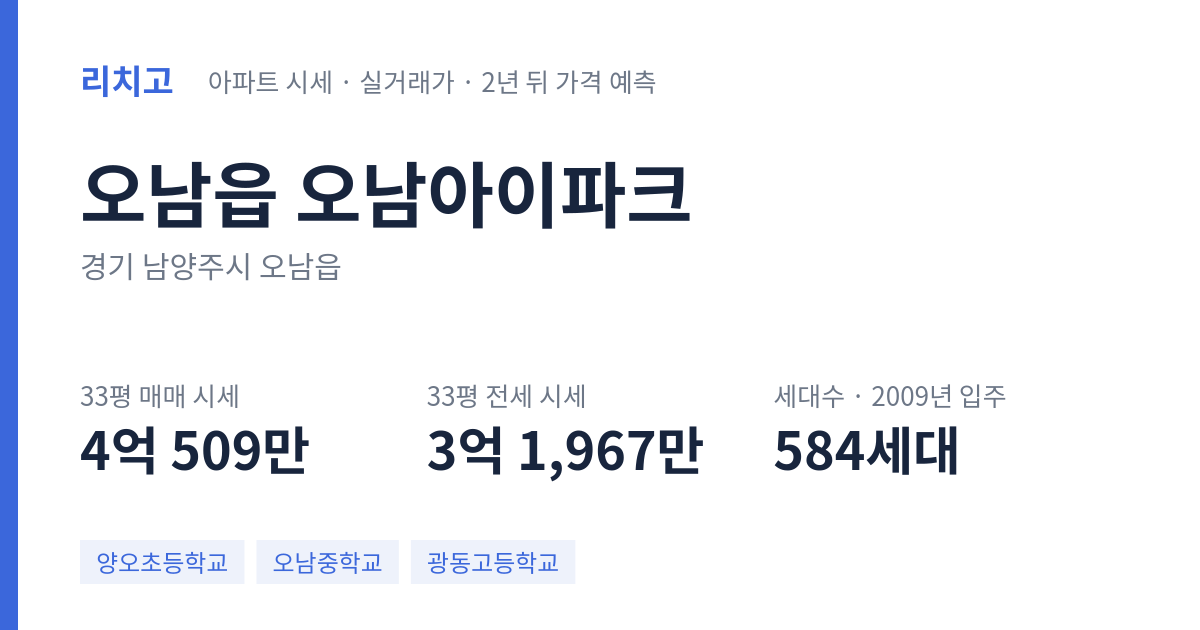 오남아이파크 아파트 요약 카드 — 대표 평형 매매·전세 시세, 세대수, 입주 연도