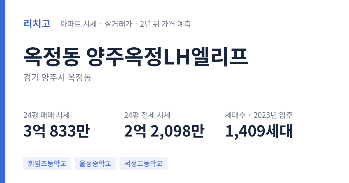 양주옥정LH엘리프 아파트 요약 카드 — 대표 평형 매매·전세 시세, 세대수, 입주 연도