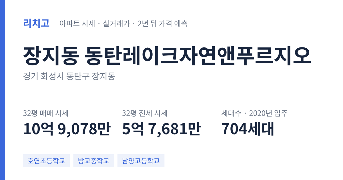 동탄레이크자연앤푸르지오 아파트 요약 카드 — 대표 평형 매매·전세 시세, 세대수, 입주 연도