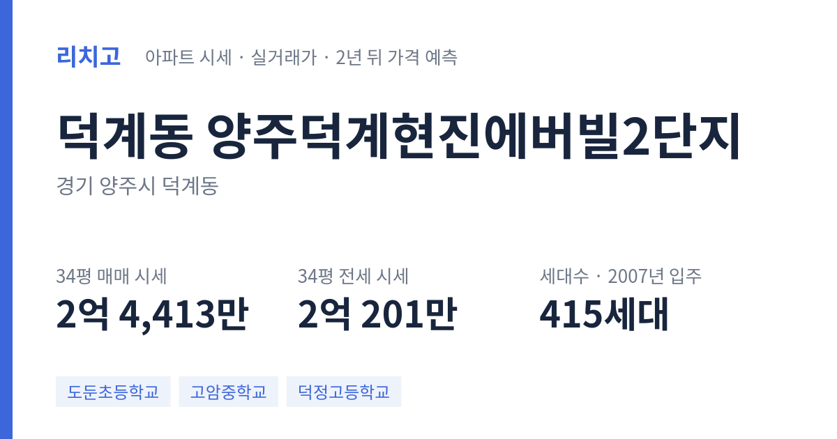 양주덕계현진에버빌2단지 아파트 요약 카드 — 대표 평형 매매·전세 시세, 세대수, 입주 연도