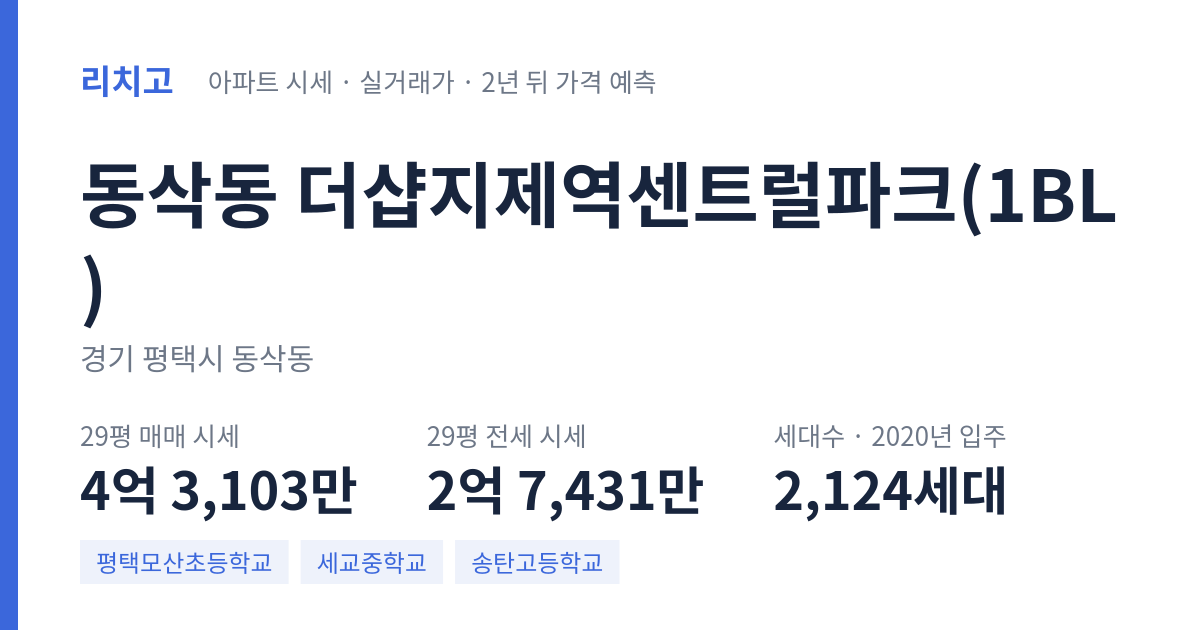더샵지제역센트럴파크(1BL) 아파트 요약 카드 — 대표 평형 매매·전세 시세, 세대수, 입주 연도