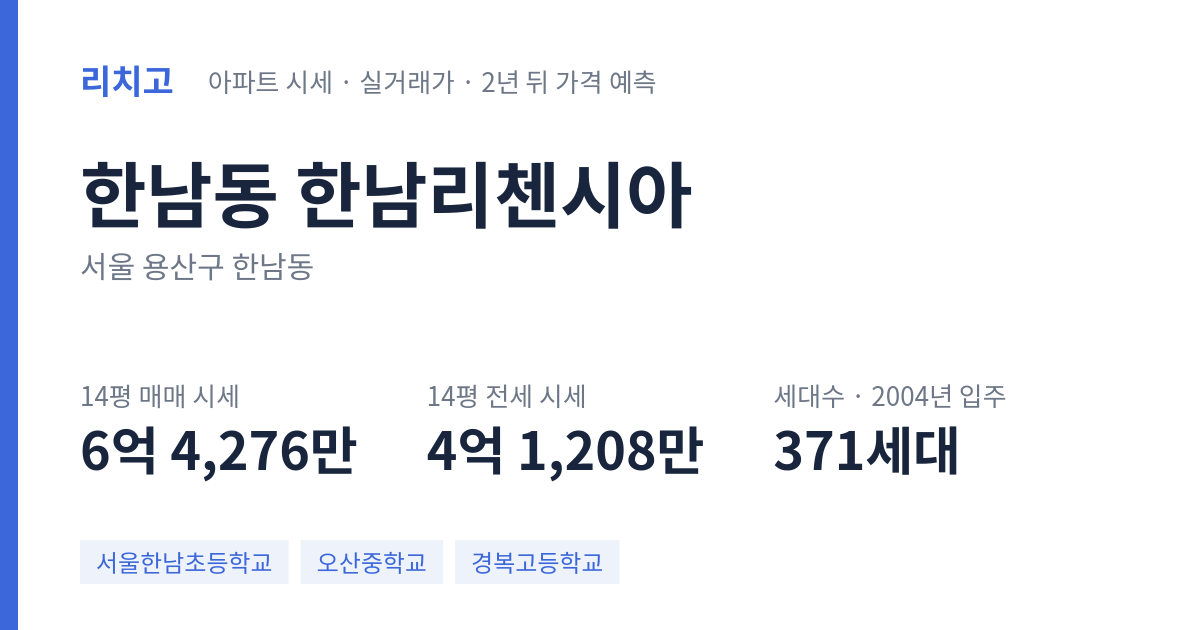 한남리첸시아 아파트 요약 카드 — 대표 평형 매매·전세 시세, 세대수, 입주 연도