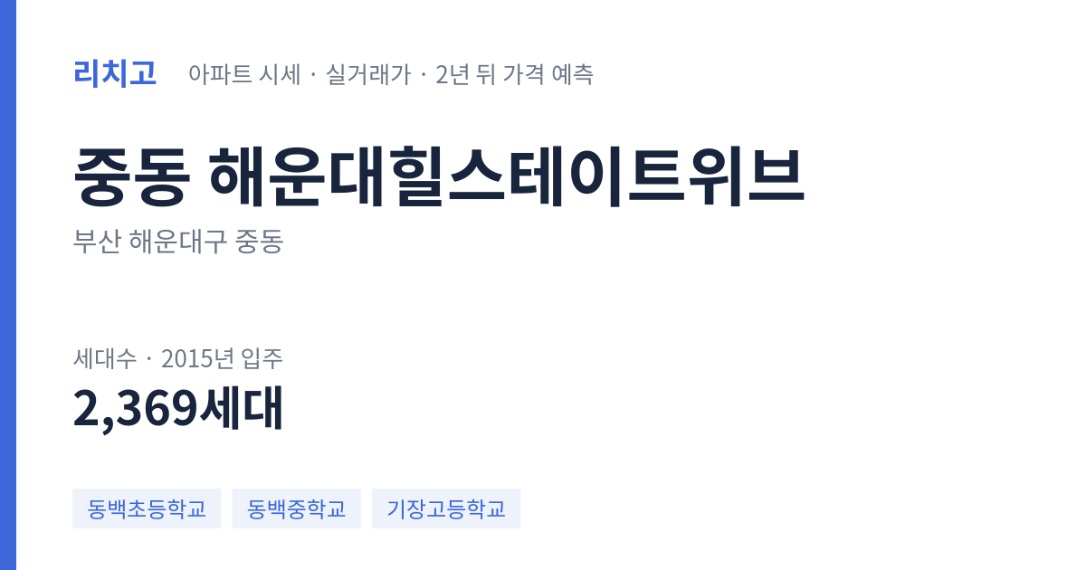 해운대힐스테이트위브 아파트 요약 카드 — 대표 평형 매매·전세 시세, 세대수, 입주 연도