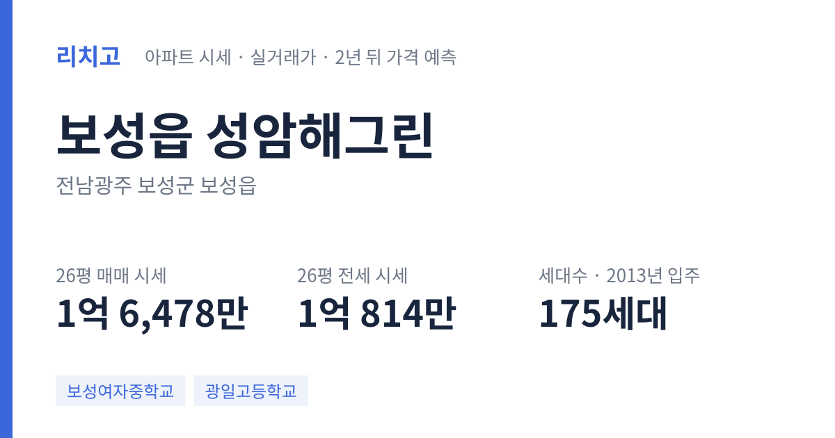 성암해그린 아파트 요약 카드 — 대표 평형 매매·전세 시세, 세대수, 입주 연도