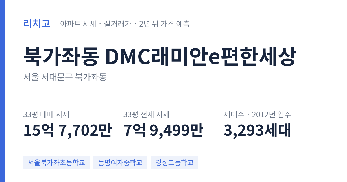 DMC래미안e편한세상 아파트 요약 카드 — 대표 평형 매매·전세 시세, 세대수, 입주 연도