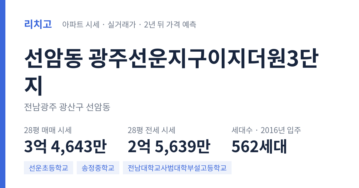 광주선운지구이지더원3단지 아파트 요약 카드 — 대표 평형 매매·전세 시세, 세대수, 입주 연도