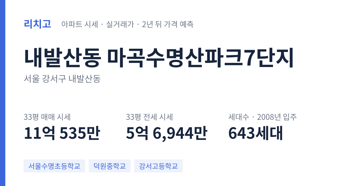 마곡수명산파크7단지 아파트 요약 카드 — 대표 평형 매매·전세 시세, 세대수, 입주 연도
